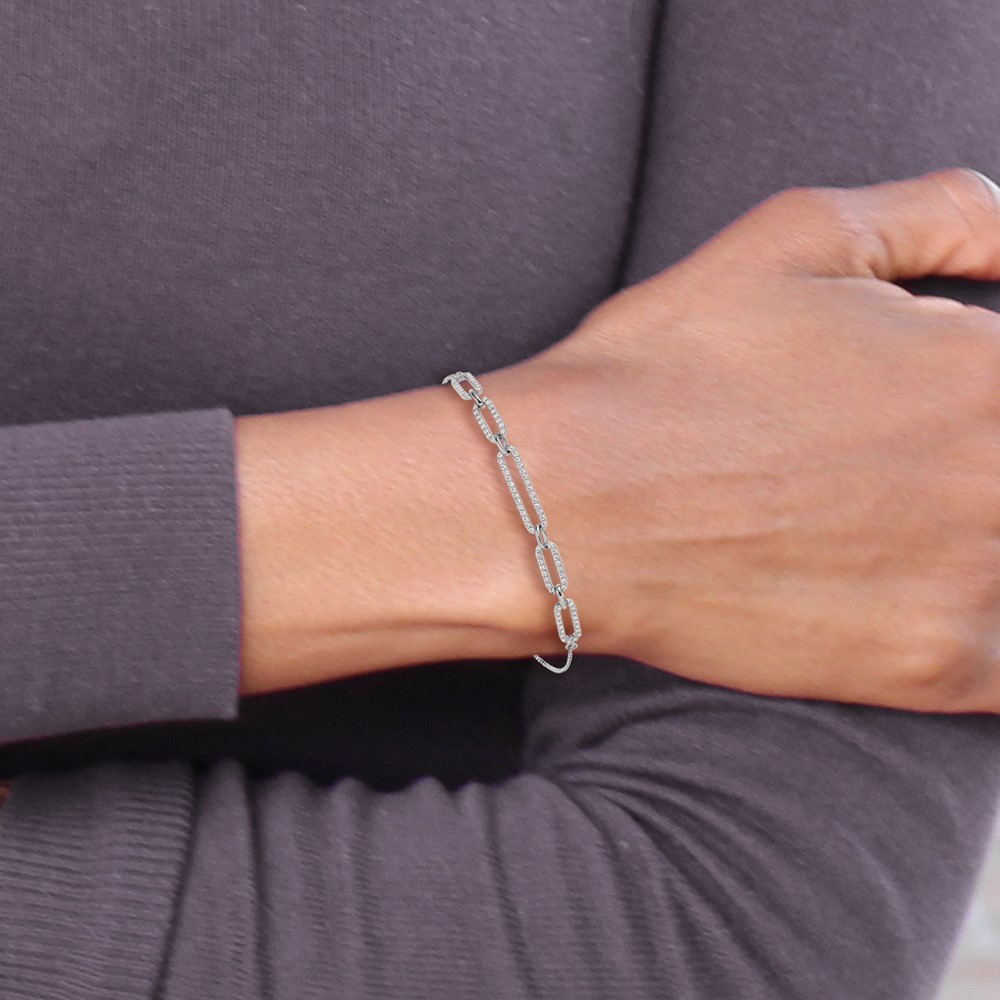 925 Sterling Silver Trendy Paperclip Design Link CZ Adjustable Ladies Bracelet